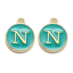 Golden Plated Alloy Enamel Charms, Enamelled Sequins, Flat Round with Alphabet, Letter.N, Green, 14x12x2mm, Hole: 1.5mm(X-ENAM-Q437-15N)