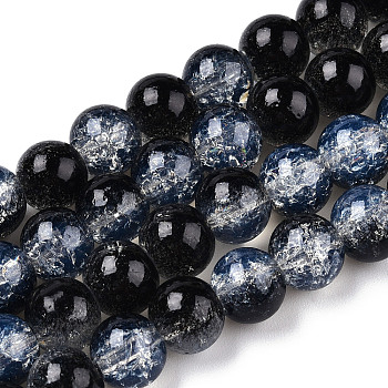 Transparent Crackle Baking Painted Glass Beads Strands, Imitation Opalite, Round, Black, 8.5x7.5mm, Hole: 1.5mm, about 107~109pcs/strand, 30.71 inch~31.30 inch(78~79.5cm)