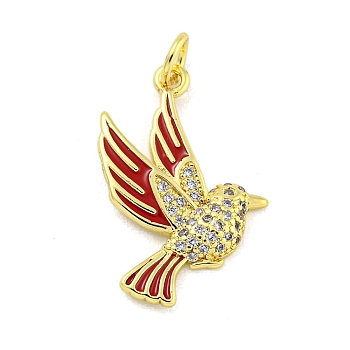 Brass Micro Pave Clear Cubic Zirconia Pendants, with Enamel, Real 18K Gold Plated, Bird, FireBrick, 23x16.5x3mm, Hole: 3.5mm