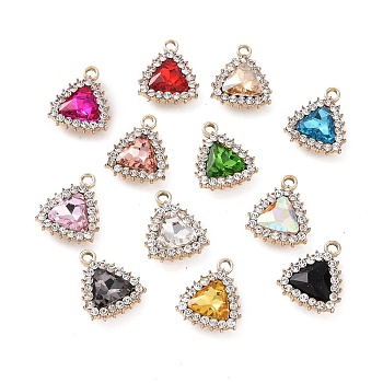 Alloy Rhinestone Pendants, Light Gold Tone Triangle Charms, Mixed Color, 19x15.5x6mm, Hole: 2mm