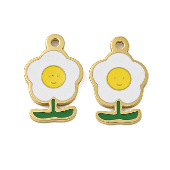 304 Stainless Steel Charms, with Enamel, Flower with Smiling Face Charm, Real 14K Gold Plated, White, 13x8x1mm, Hole: 1mm