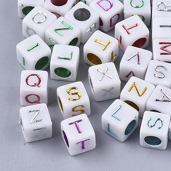 Plated Acrylic Beads, Horizontal Hole, Cube with Random Initial Letter, Mixed Color, 6x6x6mm, Hole: 3.5mm, about 3270pcs/500g