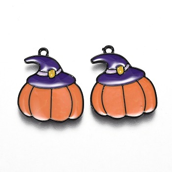 Autumn Theme Alloy Enamel Pendants, Orange Pumpkin with Purple Magic Hat, Electrophoresis Black, 22x18.5x1.5mm, Hole: 1.6mm