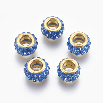 Handmade Polymer Clay European Beads, Large Hole Beads, with Brass Core, Flat Round, Golden, Dodger Blue, 11.5x7mm, Hole: 5mm