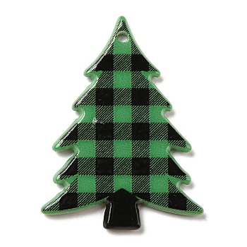 Christmas Theme Acrylic Pendants, Christmas Tree, Tartan, Green, 38.5x28x2.5mm, Hole: 1.6mm