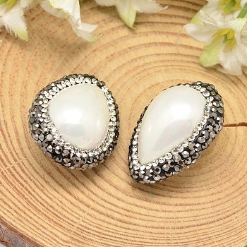 Teardrop Shell Pearl Beads, with Polymer Clay Rhinestones, White, 26~28x20.5x15mm, Hole: 1mm