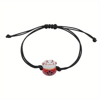 Cute Porcelain Lucky Cat Braided Bead Bracelets, Adjustable Cord Bracelets for Women Men