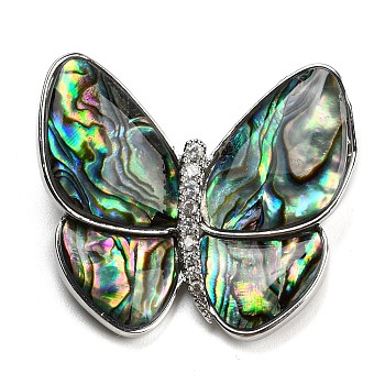 Abalone Shell Broochs, Butterfly with Heart Brass Rhinestone Pins for Women, Platinum, 32x36x9mm, hole: 5x3mm
