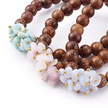 Round Natural Wood Beads Stretch Bracelets Sets, with Natural Blue Lace Agate/Larimar/Kunzite Chip Beads, Inner Diameter: 2-1/8 inch(5.5cm), 3pcs/set