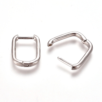 Brass Huggie Hoop Earrings, Rectangle, Platinum, 12 Gauge, 15.5x11.5x2mm, Pin: 1mm