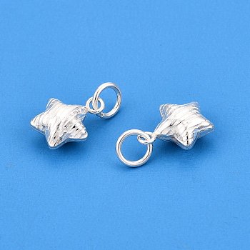 Textured 925 Sterling Silver Star Charms, with Jump Rings, Silver, 10x8x5mm, Hole: 3mm