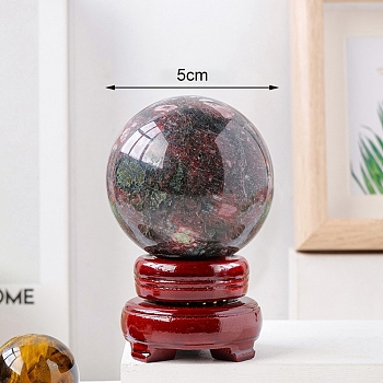 Natural Rhodonite Crystal Ball Display Decorations, Reiki Energy Stone Sphere, with Wood Base, Feng Shui Ornaments, 45~50mm