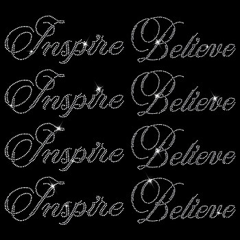 8Pcs 2 Style Word Believe & Inspire Glass Hotfix Rhinestone, Iron on Appliques, Costume Accessories, for Clothes, Bags, Pants, Crystal, 77x180x0.9mm, 4pcs/style