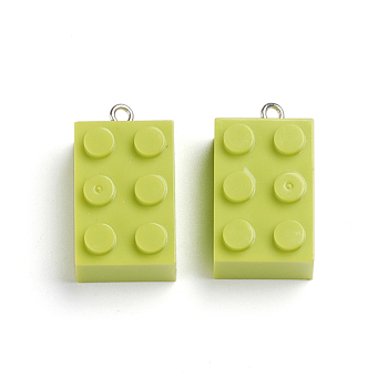 Plastic Pendants, with Iron Loop, Building Blocks Charms, Rectangle, Green Yellow, 28~28.5x14.5~15.5x11.5mm, Hole: 2mm