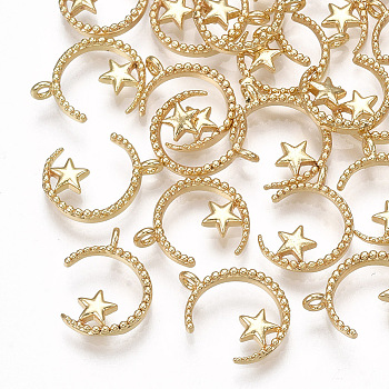 Brass Charms, Moon with Star, Real 18K Gold Plated, 14x10.5x3mm, Hole: 1.4mm