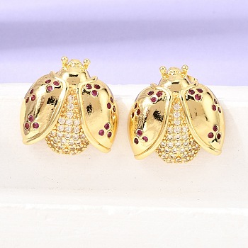 Brass Micro Pave Cubic Zirconia Stud Earrings, Ladybug, Rack Plating, Long-Lasting Plated, Real 18K Gold Plated, Cadmium Free & Lead Free, Violet, 19.5x19.5mm