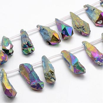 Electroplated Natural Quartz Crystal Beads Strands, Top Drilled Beads, Dyed, Teardrop, Colorful, 27~34x8~12x5~9mm, Hole: 1.5mm, about 22pcs/strand, 14.3 inch