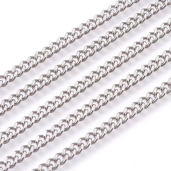 201 Stainless Steel Curb Chains, Unwelded, Faceted, Stainless Steel Color, 3.5mm