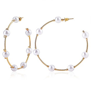 Shell Pearl Beaded Big Circle Stud Earrings, Alloy Half Hoop Earrings for Women, Golden, 65mm, Pin: 0.8mm