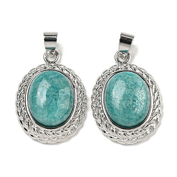 Natural Amazonite Oval Pendants, Rack Plating Brass Gems Charms, Platinum, 27.5x19.5x8mm, Hole: 5x4mm