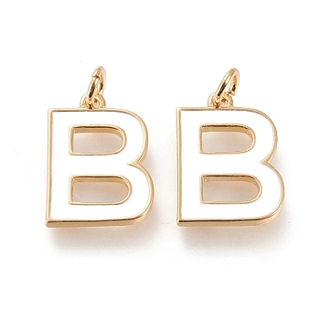 Brass Enamel Pendants, with Jump Ring, Long-Lasting Plated, Real 18K Gold Plated, Letter.B, White, Letter.B, B: 17x12.5x1.8mm, Jump Rings: Inner Diameter: 3mm