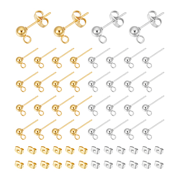 202 Stainless Steel Ball Stud Earring Findings, with 304 Stainless Steel Pins, Ear Nuts and Loop, Round, Golden & Stainless Steel Color, Earring Findings: 15mm, Hole: 2mm, Pin: 0.7mm, 40pcs/box, Ear Nuts: 40pcs/box