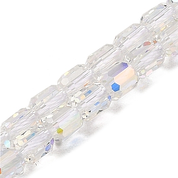 Electroplate Transparent Glass Beads Strands, Faceted, Column, 5.5x4mm, Hole: 1mm, about 75pcs/strand, 15.55~15.67 inch(39.5~39.8cm)
