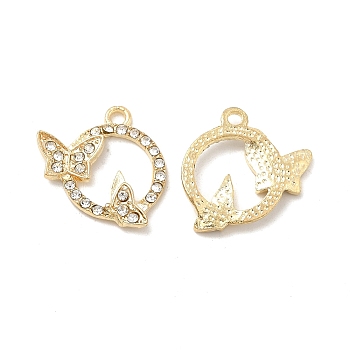 Alloy Crystal Rhinestone Pendants, Ring Charms with Double Butterflys, Nickel, Light Gold, 18.5x19x2mm, Hole: 1.8mm