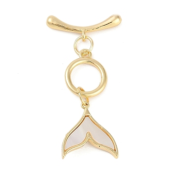 Brass Toggle Clasps, with Shell, Fishtail, Real 18K Gold Plated, Fishtail: 29.5mm, Pendants: 15x14x3.5mm, Hole: 1.2mm & 1mm, Bar: 19.5x6x3mm, Hole: 1.5mm