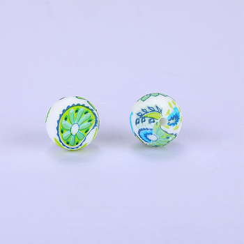 Printed Round with kiwi Pattern Silicone Focal Beads, Steel Blue, 15x15mm, Hole: 2mm