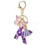Resin Butterfly Pendant Keychains, with Suede Tassel Charms and Alloy Findings, for Car Key Bag Accessories, Golden, Blue Violet, Letter K, 105mm(KEYC-TAC0034-03K)
