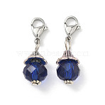 Glass Pendants, with 304 Stainless Steel Lobster Claw Clasps and Alloy Findings, Blue, 30mm, Beads: 10mm, Clasps: 12x7x3.5mm.(HJEW-PH01287-11)