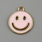 Alloy Enamel Pendants, Light Gold, Flat Round with Smiling Face Pattern Charm, Misty Rose, 19x16x1mm, Hole: 2mm(ENAM-WH0065-32D)