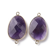 Natural Amethyst Connector Charms, with Light Gold Plated Brass Finding, Oval Link, Faceted, 38~38.5x22.5~23x7mm, Hole: 2mm(G-C110-02C-KCG)