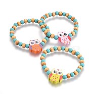 Wood Beads Kids Stretch Bracelets, with Synthetic Turquoise, Owl, Mixed Color, 1-5/8 inch(4.2cm)(BJEW-JB04129-02)