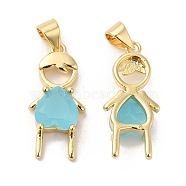 Brass Pendants, with Light Blue Glass, Boy Charms, Real 16K Gold Plated, 23x10x5mm, Hole: 4x3.5mm(ZIRC-L103-009G)
