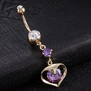 Piercing Jewelry, Brass Cubic Zirconia Navel Ring, Belly Rings, with Surgical Stainless Steel Bar, Cadmium Free & Lead Free, Real 18K Gold Plated, Heart, Purple, 50x15mm, Bar: 15 Gauge(1.5mm), Bar Length: 3/8"(10mm)(AJEW-EE0003-14C)