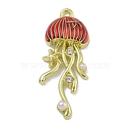 Rack Plating Alloy Enamel Pendants, with ABS Plastic Beads and Rhinestone, Cadmium Free & Nickel Free & Lead Free, Jellyfish, Red, 35x14.5x5.5mm, Hole: 1.6mm(PALLOY-F312-46G-01)