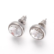 304 Stainless Steel Stud Earrings, with Rhinestone, Flat Round, Crystal, 10x6mm, Pin: 0.9mm(EJEW-F182-A08)