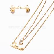 304 Stainless Steel Jewelry Sets, Stud Earrings and Tiered Necklaces, with Rhinestone, Word Love, Golden, 16.54 inch(42cm), 14x6x1.2mm, Pin: 0.8mm(SJEW-H095-18G)