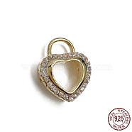 925 Sterling Silver Charm, with Clear Cubic Zirconia, Hollow Heart, Real 18K Gold Plated, 13.8x11x4.7mm, Hole: 4.2x3mm(STER-K176-02G)