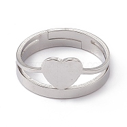 201 Stainless Steel Heart Adjustable Ring for Women, Stainless Steel Color, US Size 6 1/4(16.7mm)(RJEW-K238-04P)