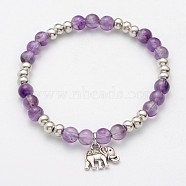 Natural Amethyst Beaded Elephant Charm Stretch Bracelets, with Antique Silver Alloy Findings, 53mm(BJEW-JB01974-03)
