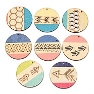 Printed Natural Poplar Wood Pendants, Laser Cut Wood Shapes, Flat Round, Mixed Patterns, Mixed Color, 49.5x3mm, Hole: 2mm(WOOD-X0004-21)