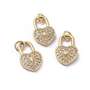 Brass Micro Pave Cubic Zirconia Pendants, with Jump Rings, Long-Lasting Plated, Heart Lock, for Valentine's Day, Clear, Golden, 16x10x3mm, Hole: 3mm(X-ZIRC-G163-26G)