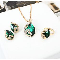 Alloy Glass Pendant Necklaces & Stud Earrings & Rings Sets, Golden, Teardrop with Peacock Patter, Dark Green, 470mm(WGA5C1C-02)