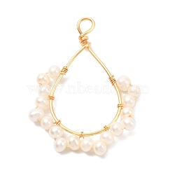 Natural Cultured Freshwater Pearl Pendants, with Real 18K Gold Plated Eco-Friendly Copper Wire, Potato with Teardrop, Antique White, 42.5x31x4mm, Hole: 3.5mm(PALLOY-JF01035)