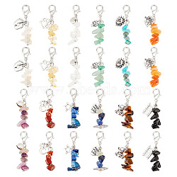 48Pcs 12 Style Gemstone Chips Beaded Pendant Decorations, Lobster Clasp Charms, with Tibetan Style Alloy Charms and Iron Findings, Star & Bear & Heart, Elephant, Footprint, 42mm, 4pcs/style(HJEW-CA0001-29)