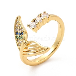 Cubic Zirconia Whale Tail Shape Open Cuff Ring with Glass, Brass Jewelry for Women, Real 18K Gold Plated, US Size 6 1/2(16.9mm)(KK-H439-08G)
