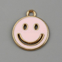 Alloy Enamel Pendants, Light Gold, Flat Round with Smiling Face Pattern Charm, Misty Rose, 19x16x1mm, Hole: 2mm(ENAM-WH0065-32D)